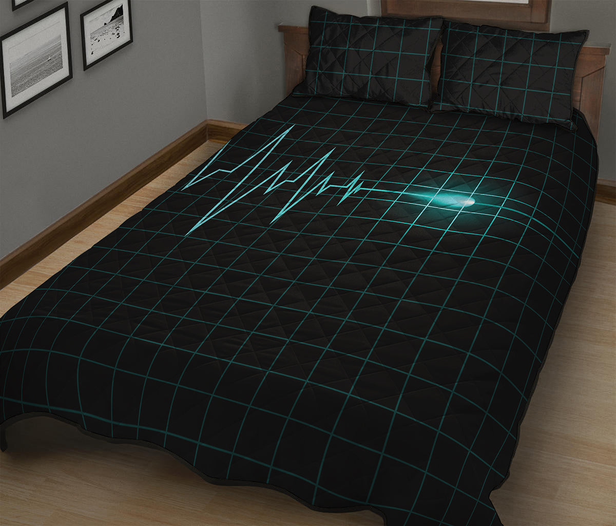 Teal Heartbeat Print Quilt Bed Set