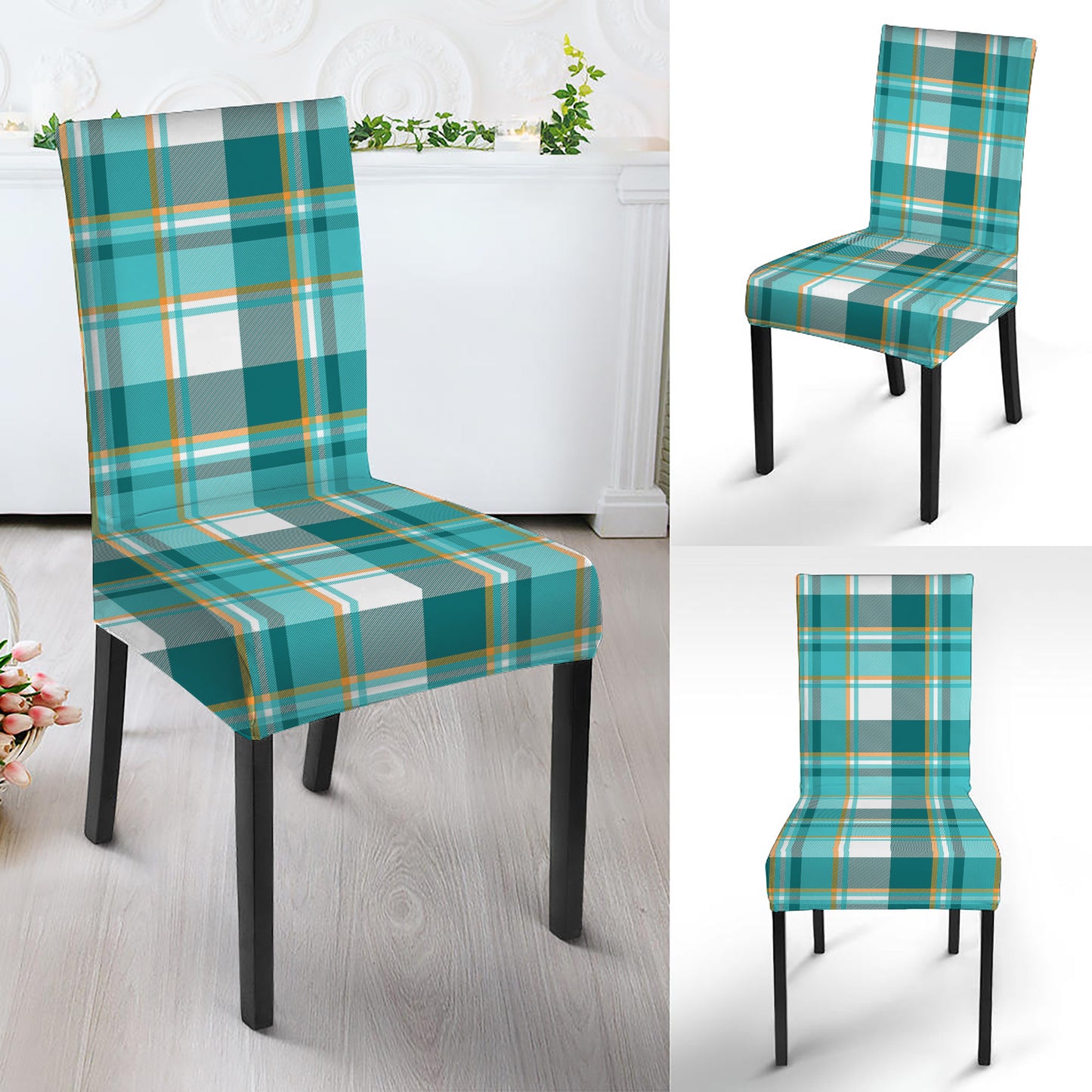 Teal Madras Pattern Print Dining Chair Slipcover