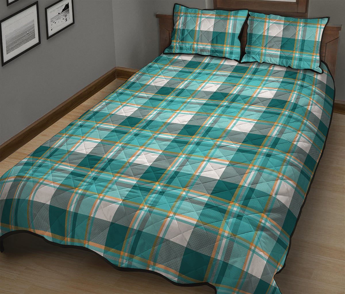 Teal Madras Pattern Print Quilt Bed Set