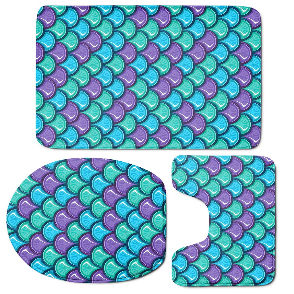 Teal Mermaid Scales Pattern Print 3 Piece Bath Mat Set