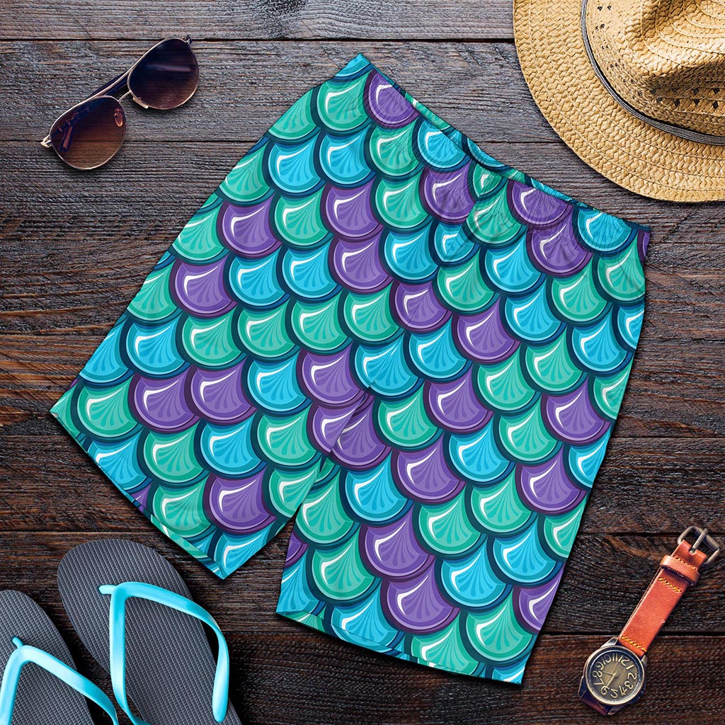 Teal Mermaid Scales Pattern Print Men's Shorts