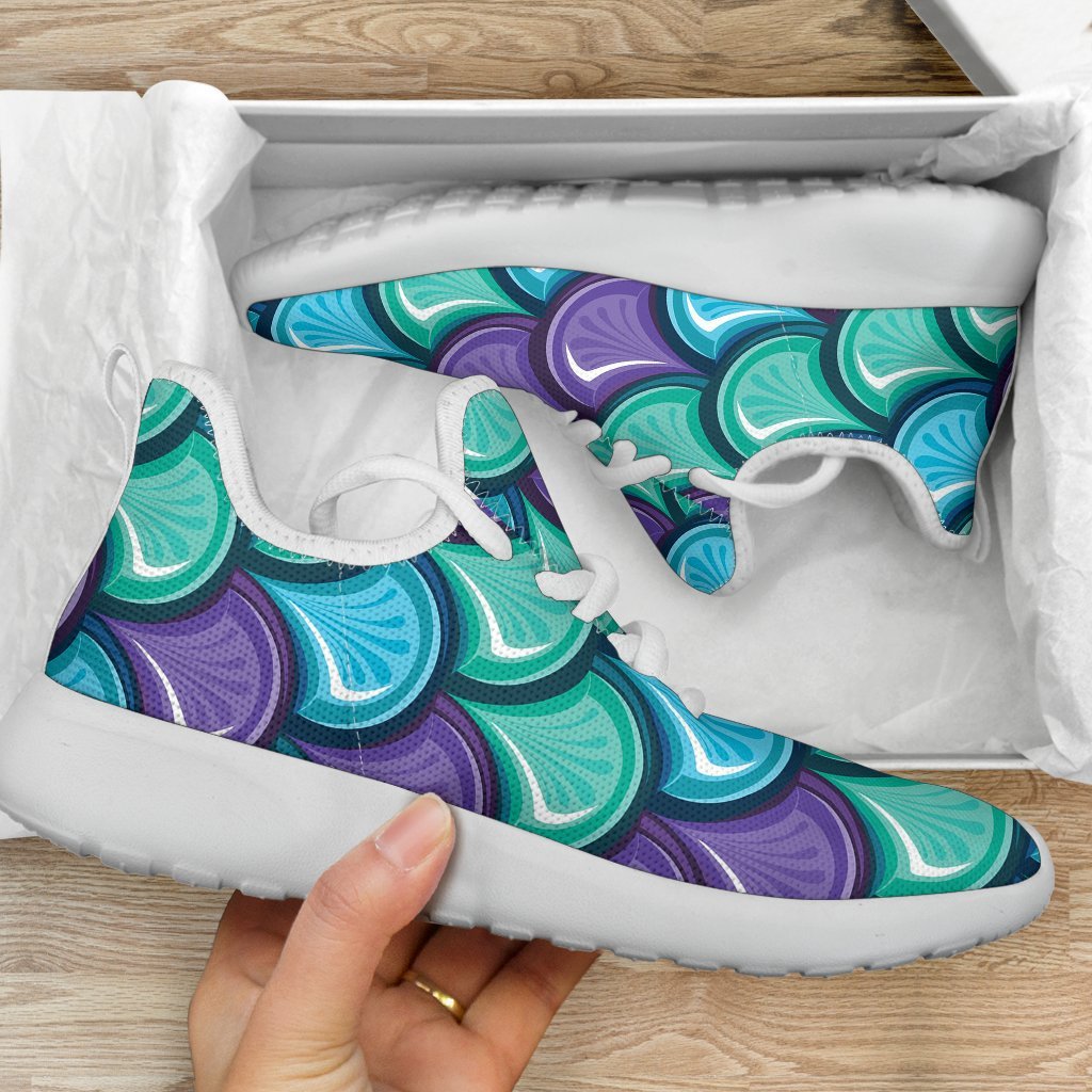 Teal Mermaid Scales Pattern Print Mesh Knit Shoes GearFrost