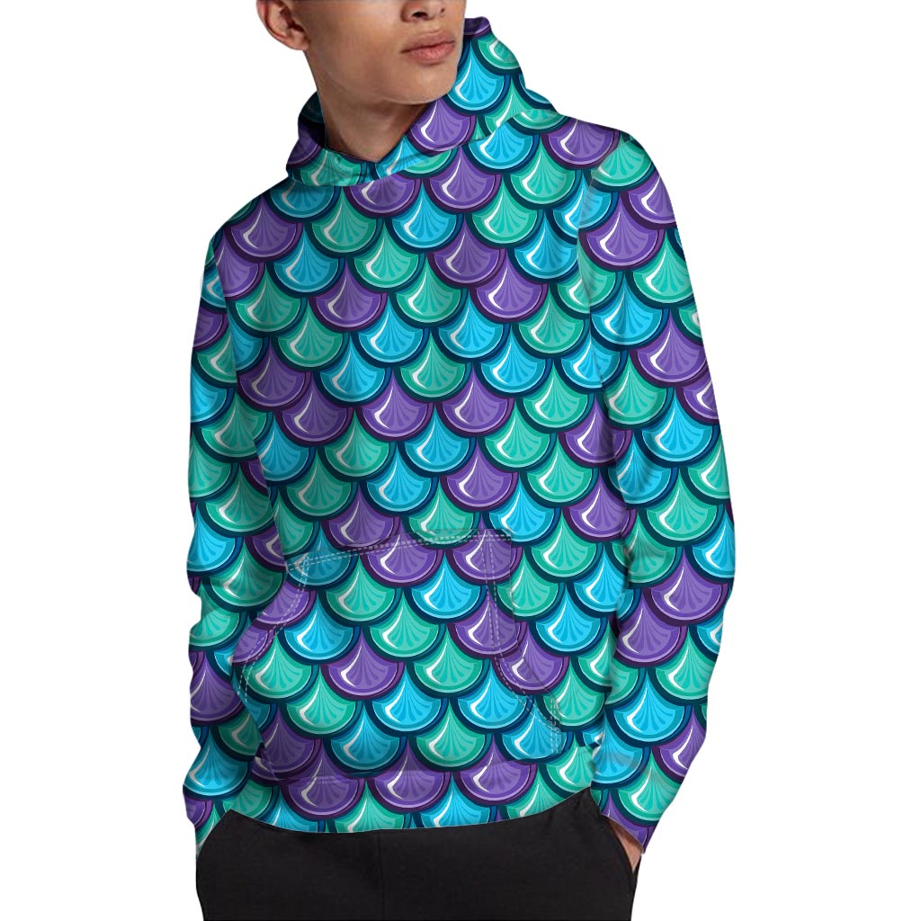 Teal Mermaid Scales Pattern Print Pullover Hoodie
