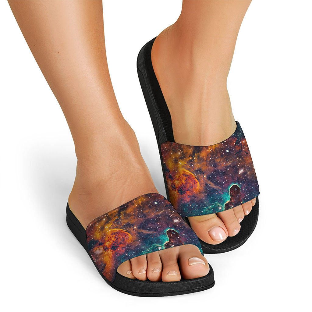 Teal Orange Universe Galaxy Space Print Black Slide Sandals