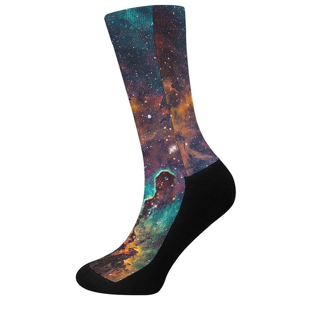 Teal Orange Universe Galaxy Space Print Crew Socks