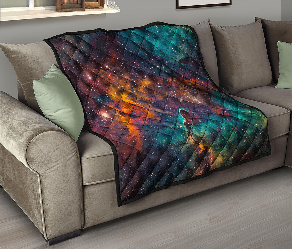 Teal Orange Universe Galaxy Space Print Quilt