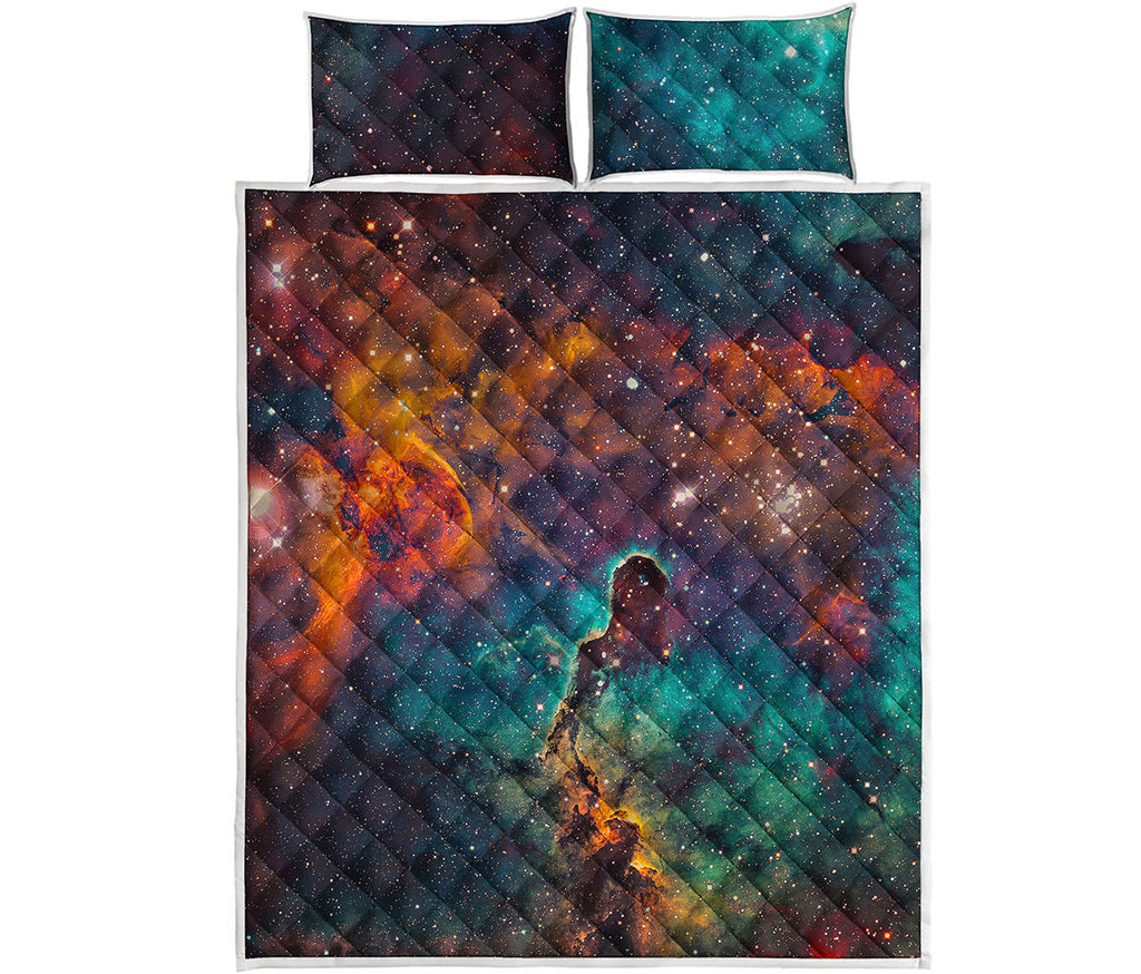 Teal Orange Universe Galaxy Space Print Quilt Bed Set