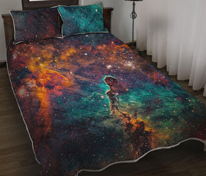 Teal Orange Universe Galaxy Space Print Quilt Bed Set