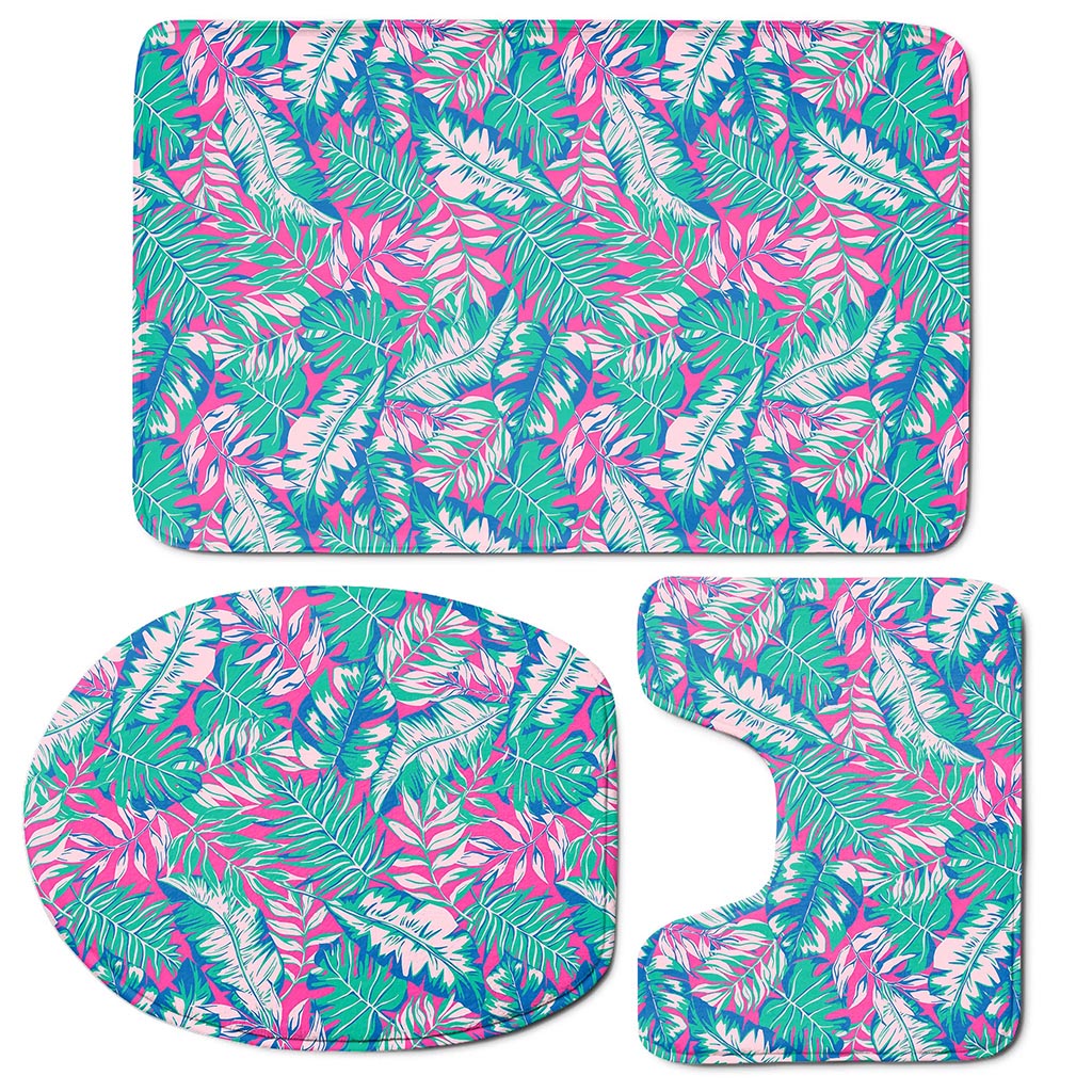 Teal Pink Blossom Tropical Pattern Print 3 Piece Bath Mat Set