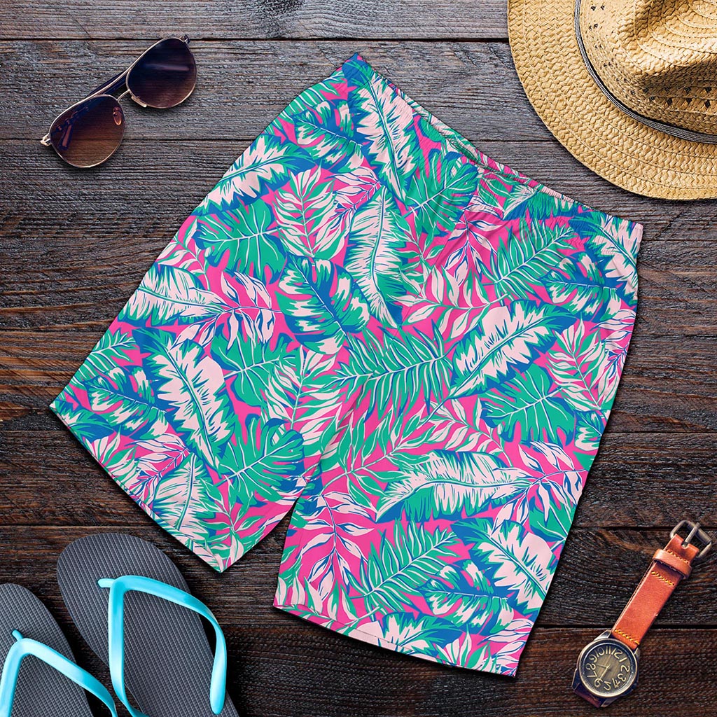 Teal Pink Blossom Tropical Pattern Print Men's Shorts