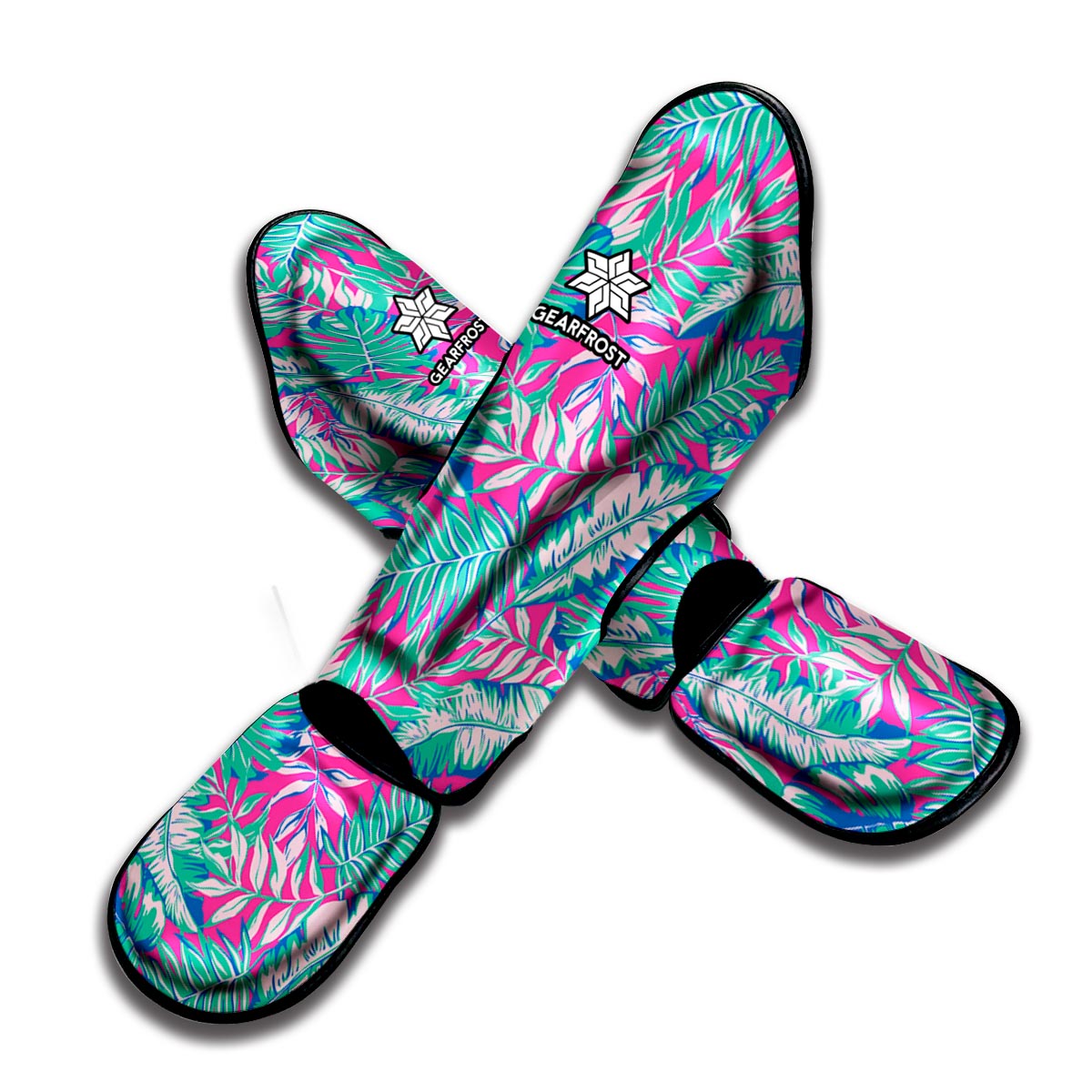Teal Pink Blossom Tropical Pattern Print Muay Thai Shin Guard