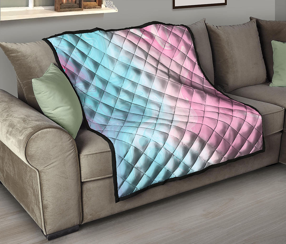 Teal Pink Liquid Marble Print Quilt
