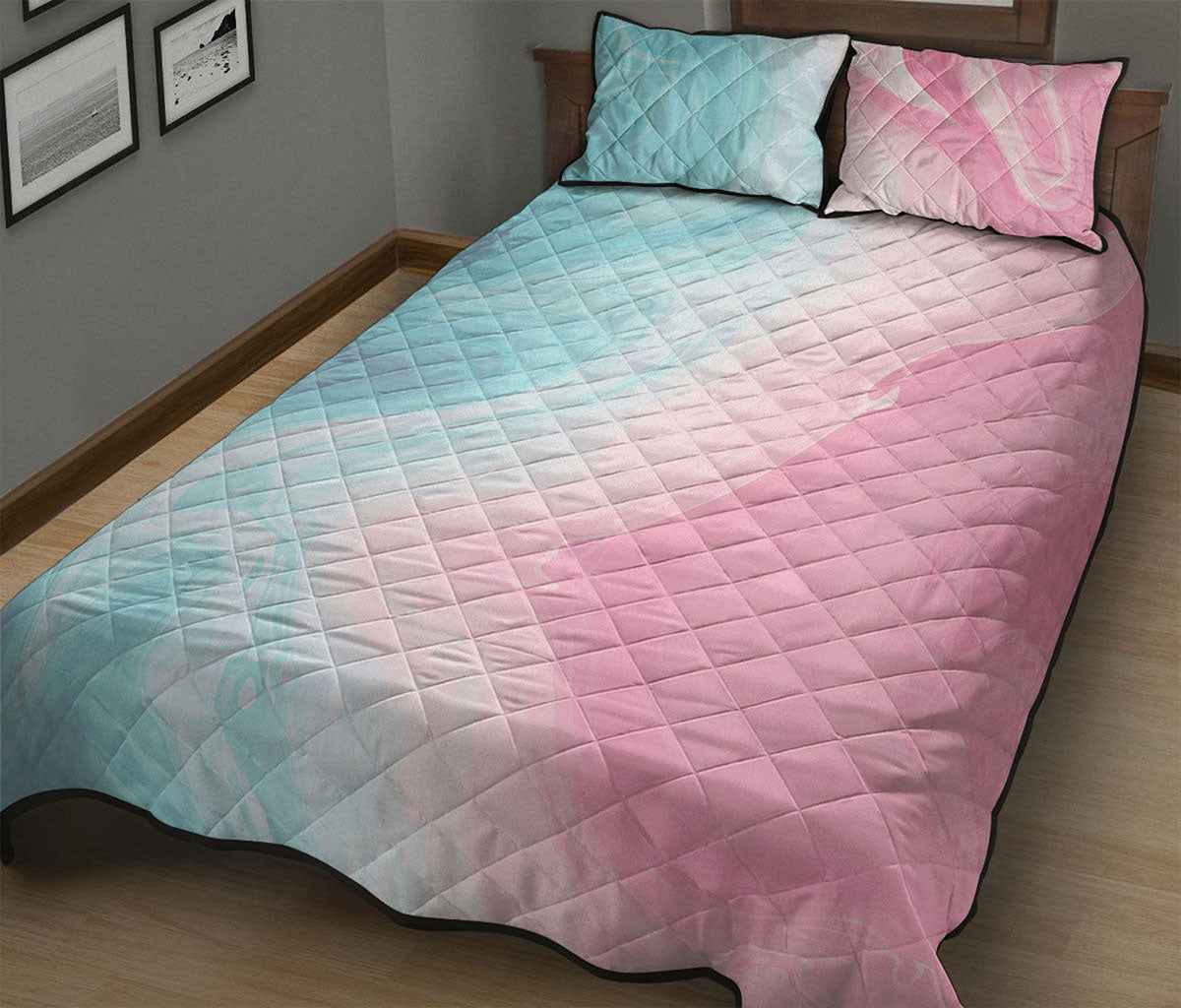 Teal Pink Liquid Marble Print Quilt Bed Set