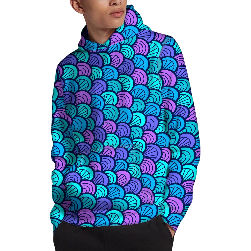 Teal Pink Mermaid Scales Pattern Print Pullover Hoodie