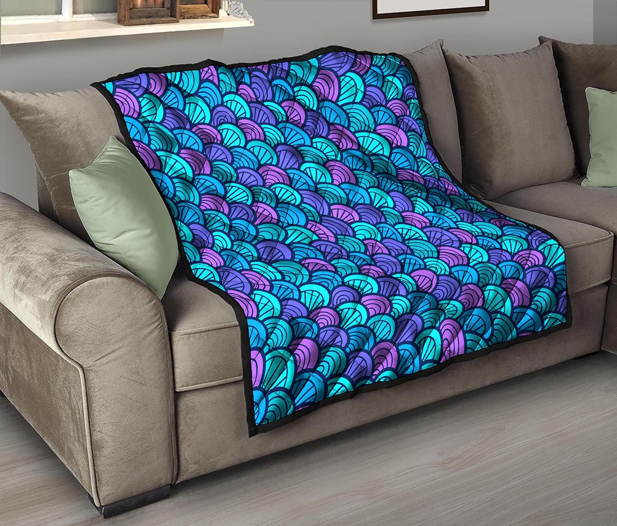 Teal Pink Mermaid Scales Pattern Print Quilt