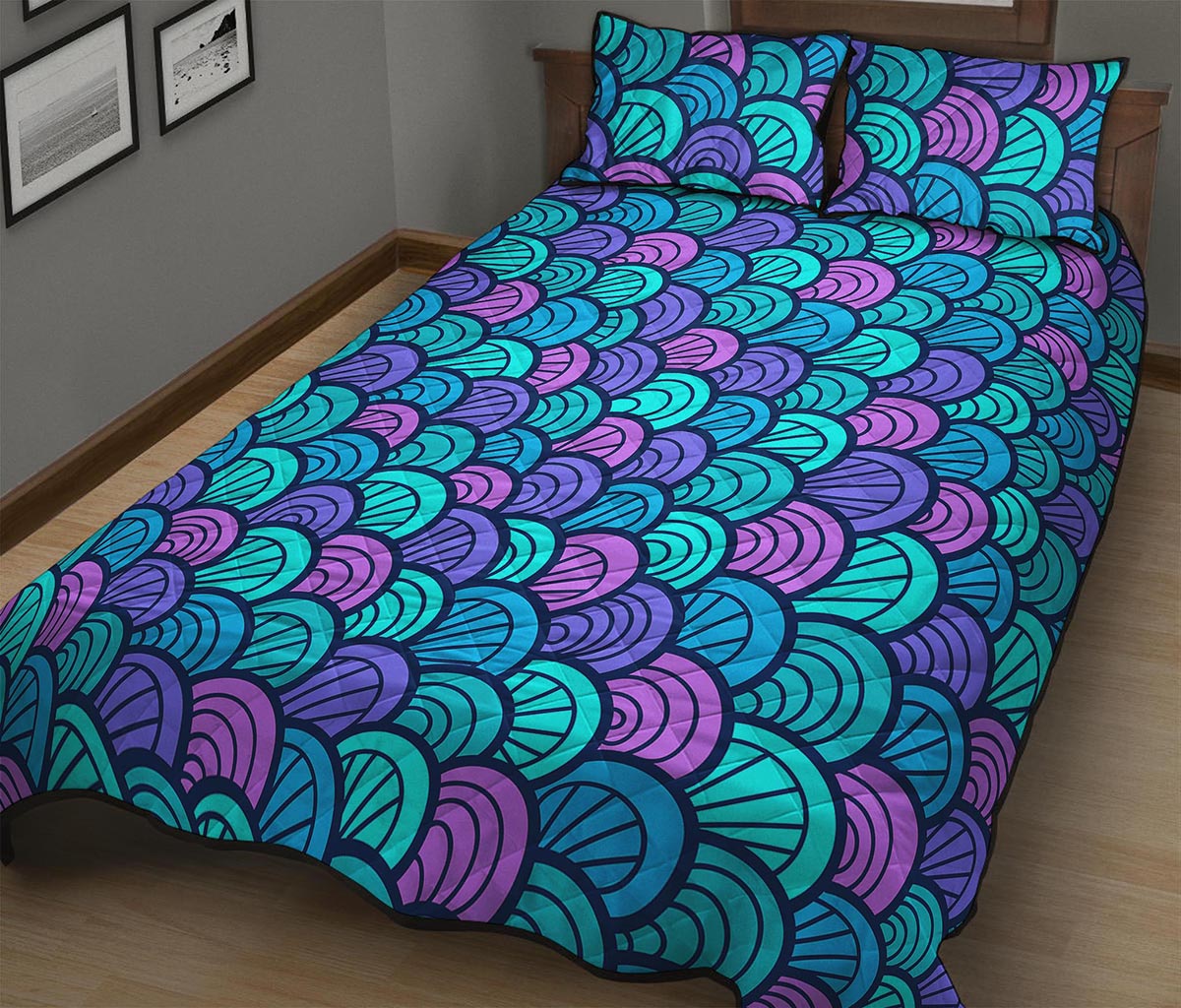 Teal Pink Mermaid Scales Pattern Print Quilt Bed Set