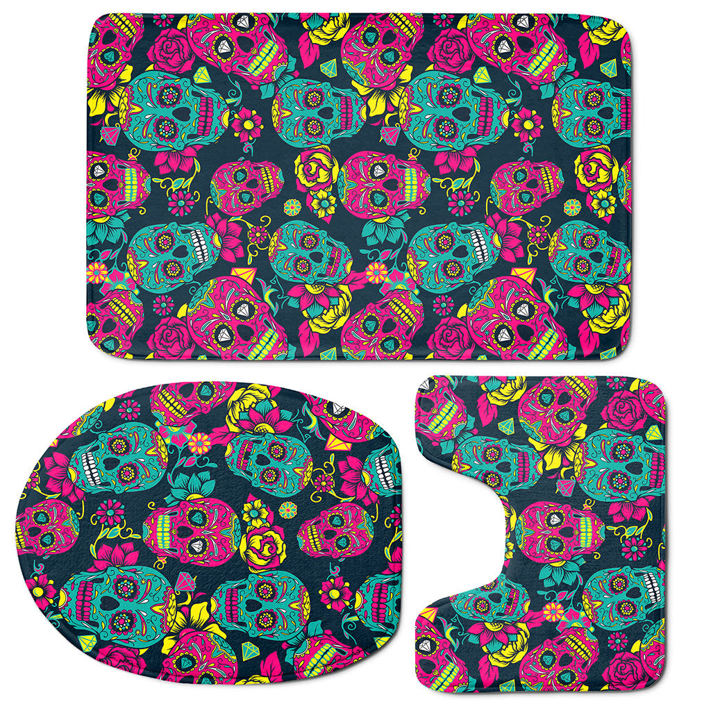 Teal Pink Sugar Skull Pattern Print 3 Piece Bath Mat Set
