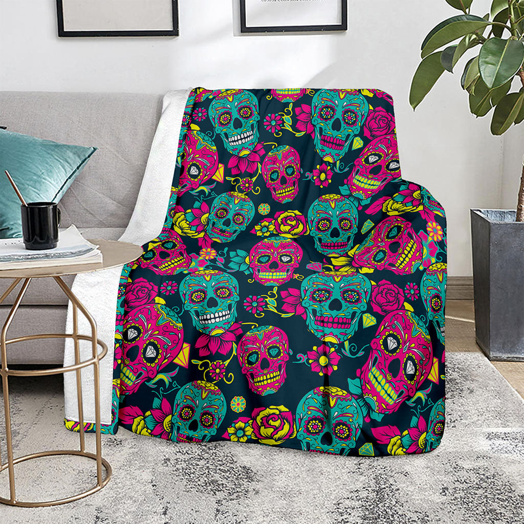Teal Pink Sugar Skull Pattern Print Blanket