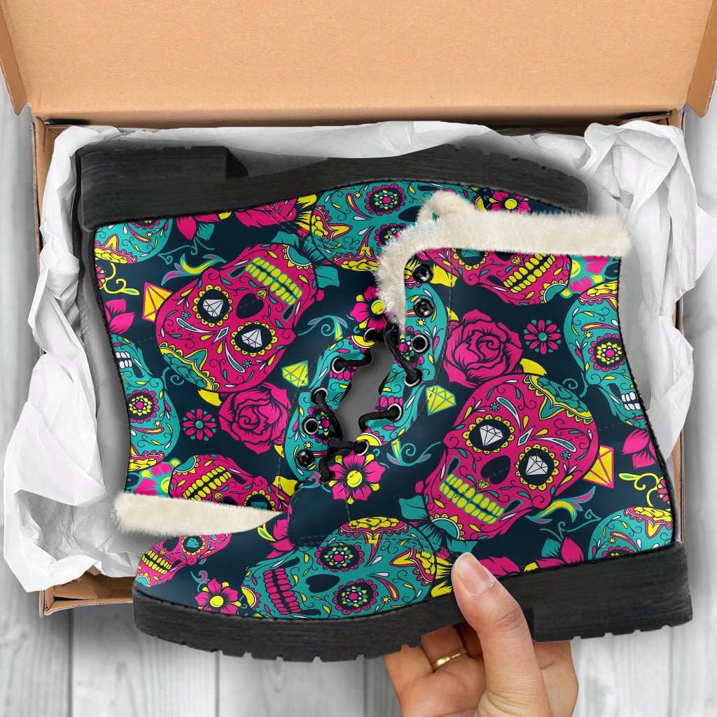 Teal Pink Sugar Skull Pattern Print Comfy Boots GearFrost