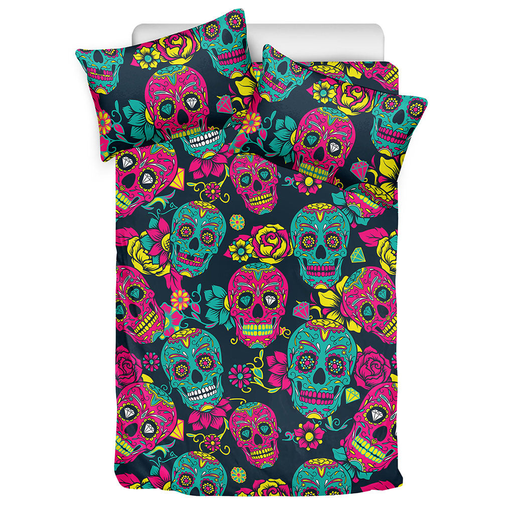 Teal Pink Sugar Skull Pattern Print Duvet Cover Bedding Set
