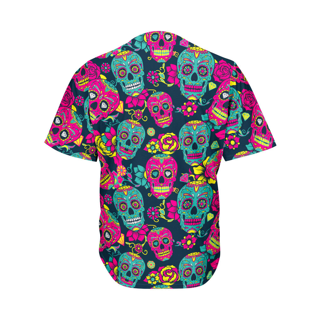Teal Pink Sugar Skull Pattern Print Men's Baseball Jersey