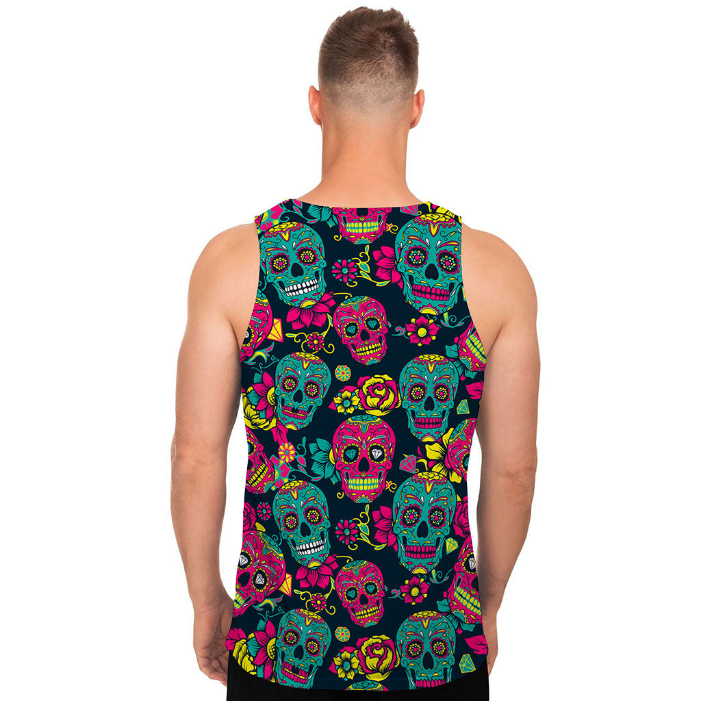 Teal Pink Sugar Skull Pattern Print Men's Tank Top