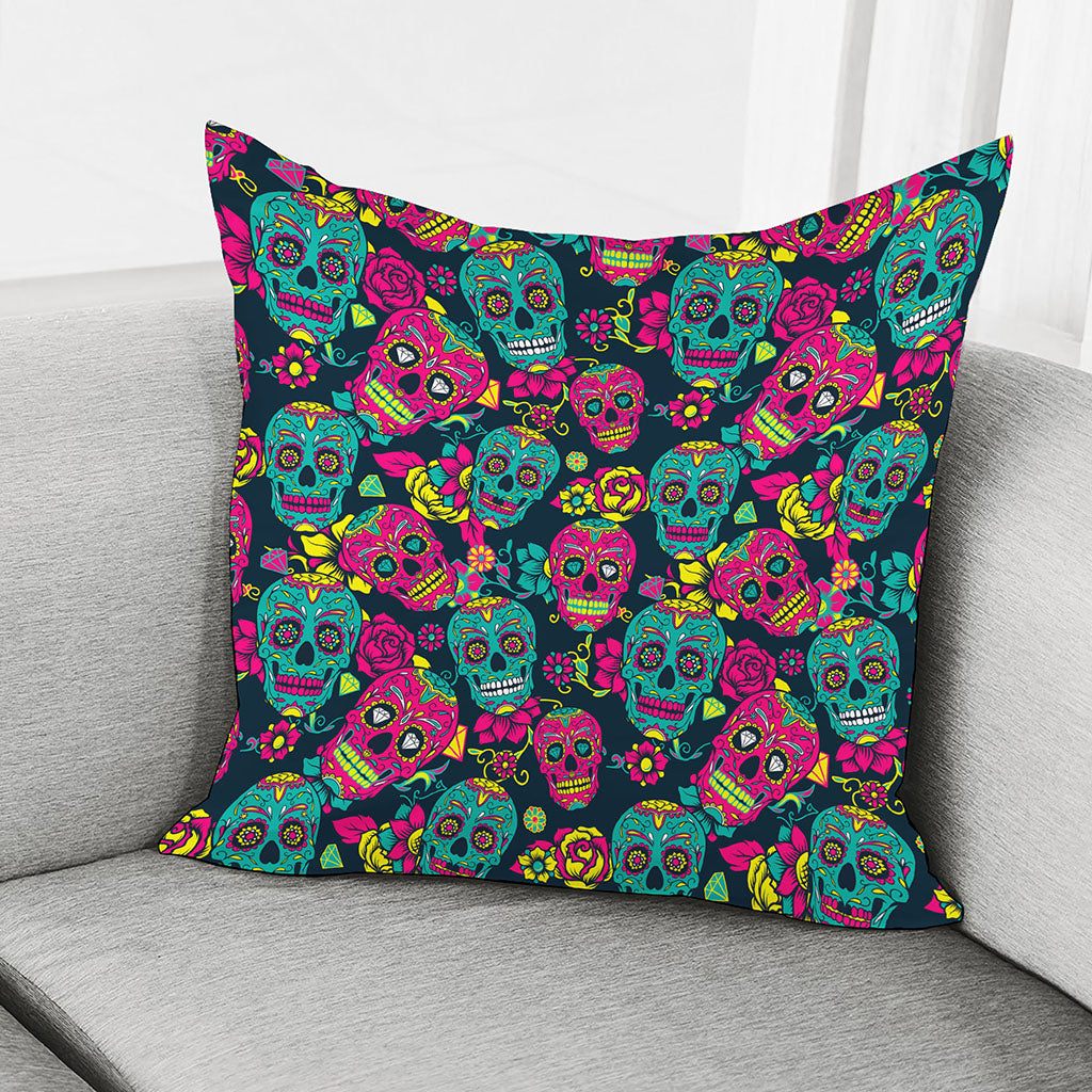 Teal Pink Sugar Skull Pattern Print Pillow Cover