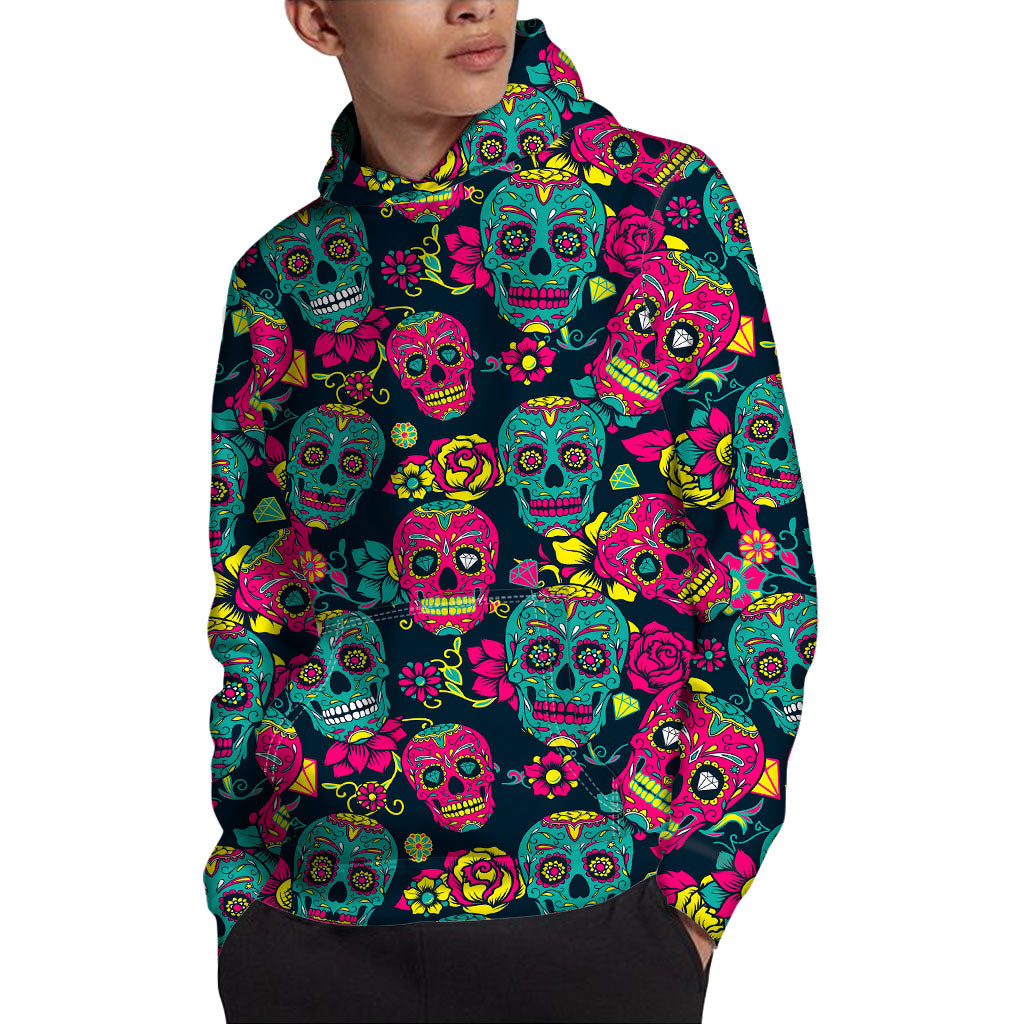 Teal Pink Sugar Skull Pattern Print Pullover Hoodie