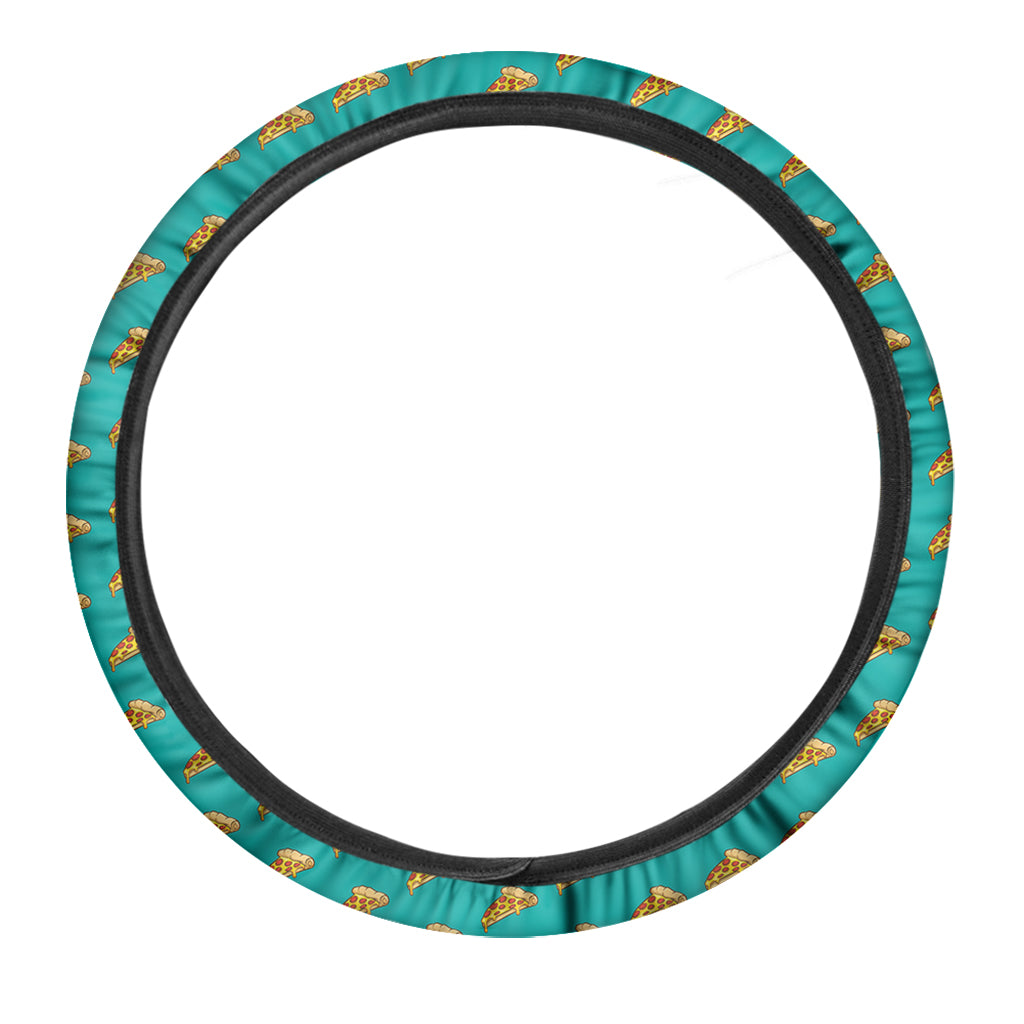 Teal Pizza Pattern Print Car Steering Wheel Cover