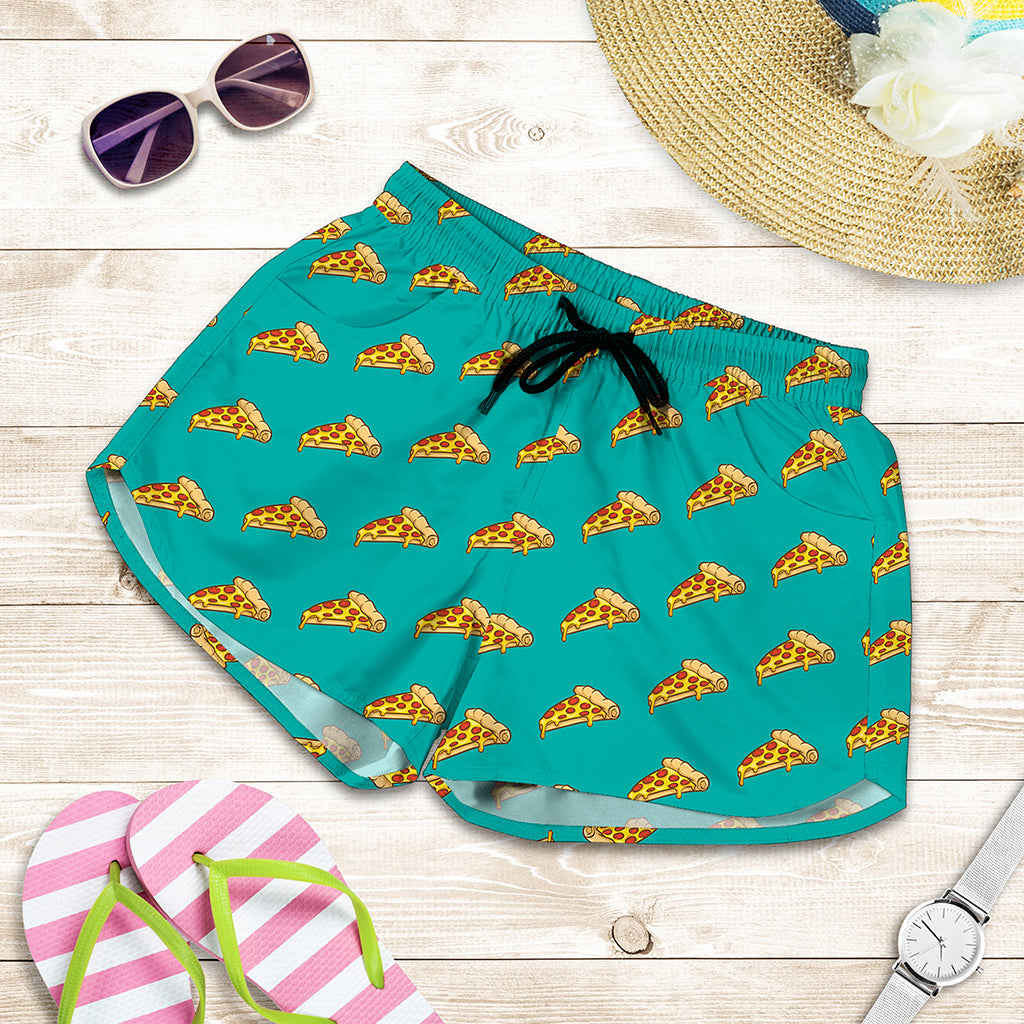 Teal Pizza Pattern Print Women's Shorts