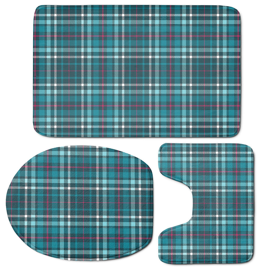 Teal Plaid Pattern Print 3 Piece Bath Mat Set