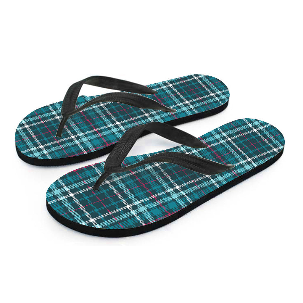 Teal Plaid Pattern Print Flip Flops