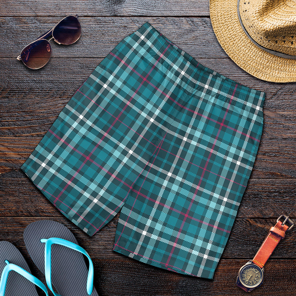 Teal Plaid Pattern Print Men's Shorts