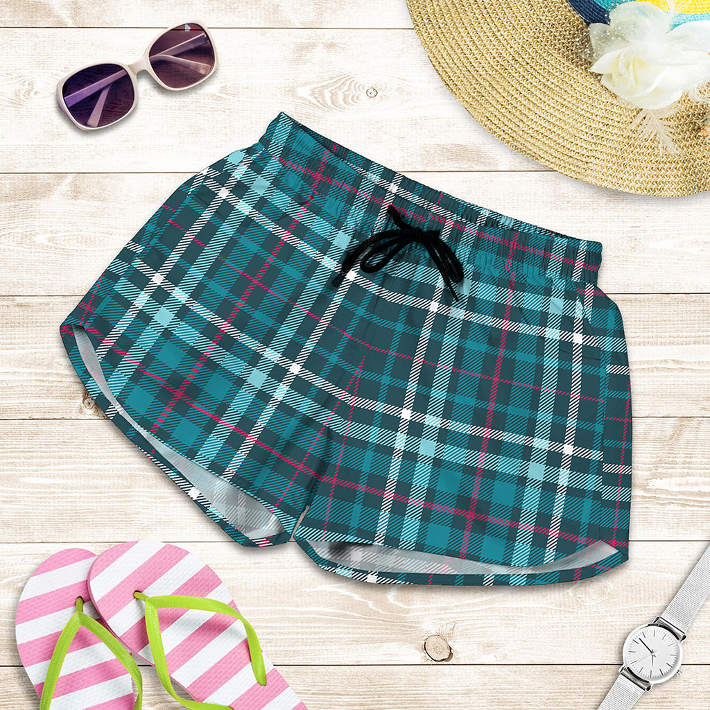 Teal Plaid Pattern Print Women's Shorts