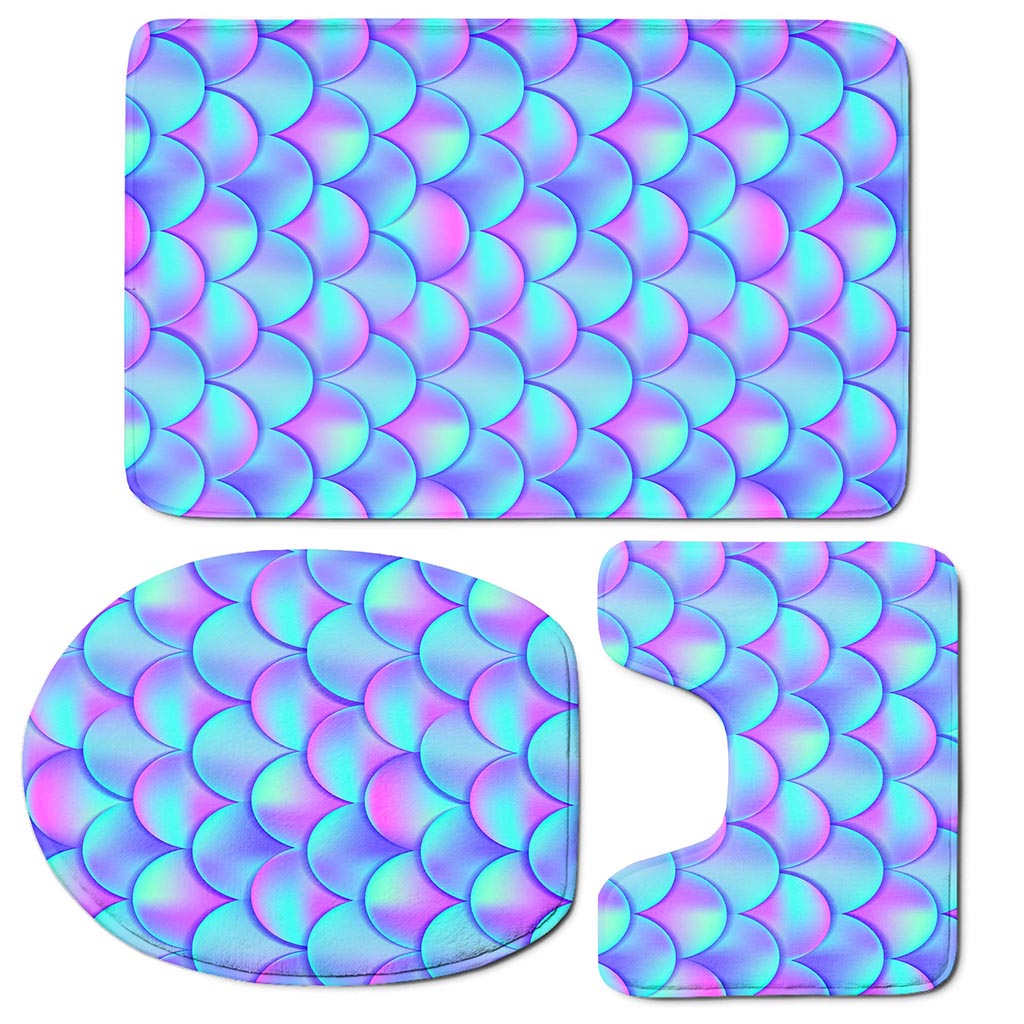 Teal Purple Mermaid Scales Pattern Print 3 Piece Bath Mat Set
