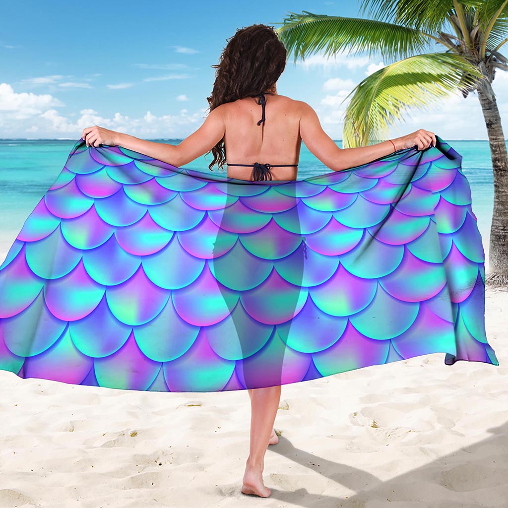 Teal Purple Mermaid Scales Pattern Print Beach Sarong Wrap