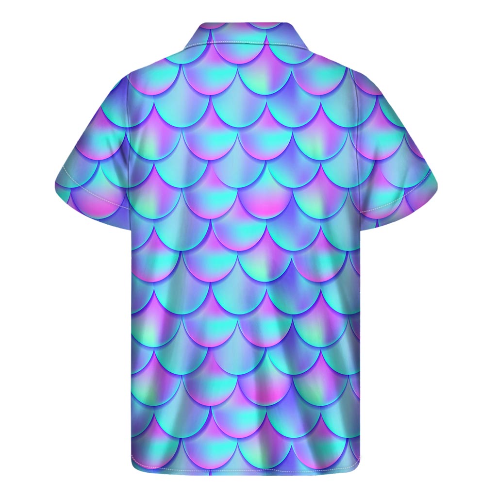 Teal Purple Mermaid Scales Pattern Print Men's Short Sleeve Shirt