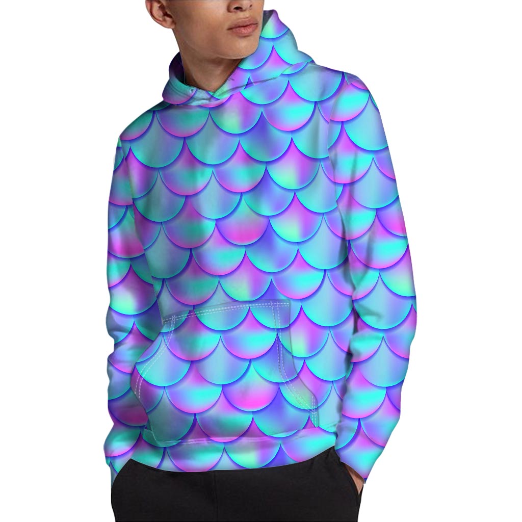 Teal Purple Mermaid Scales Pattern Print Pullover Hoodie