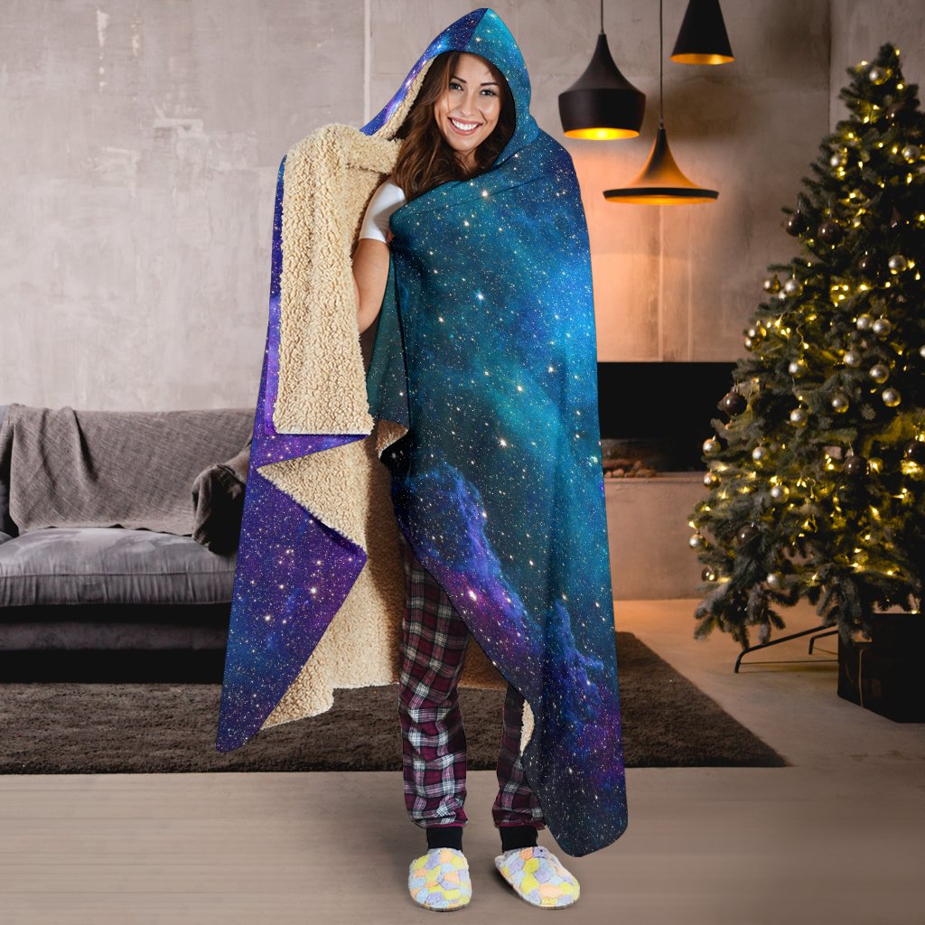 Teal Purple Stardust Galaxy Space Print Hooded Blanket GearFrost