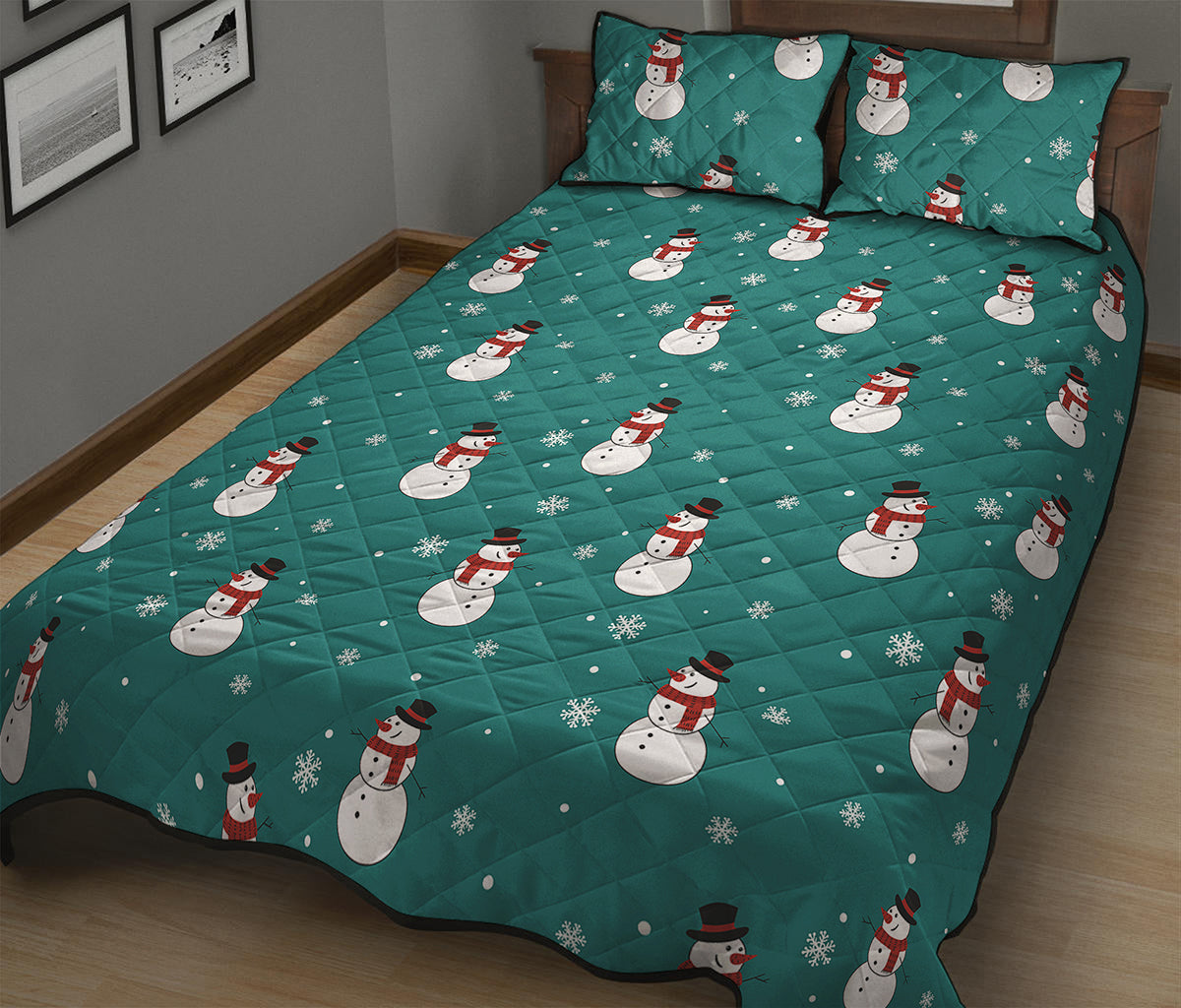 Teal Snowman Pattern Print Quilt Bed Set