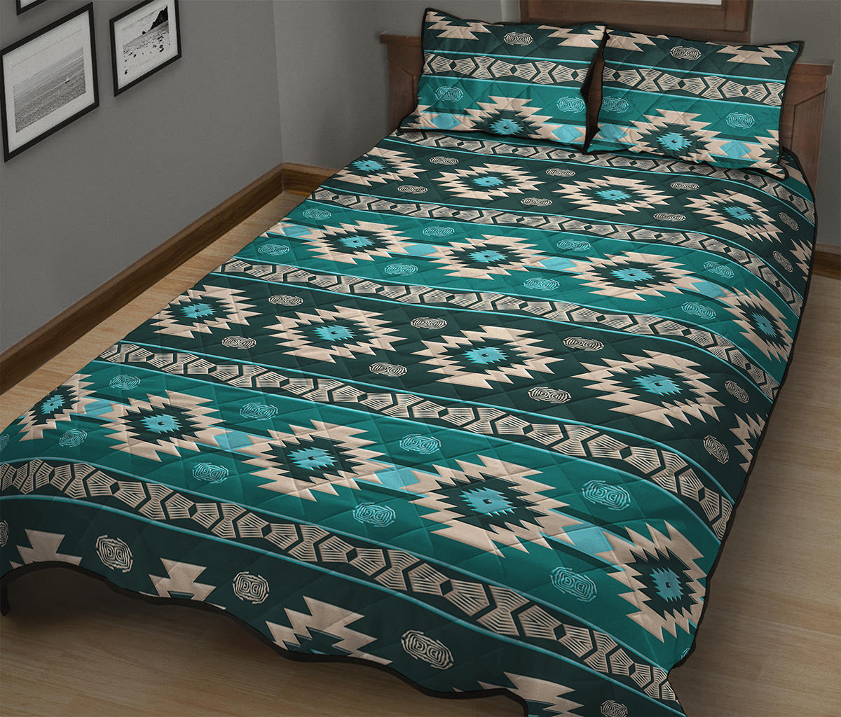 Teal Southwestern Navajo Pattern Print Quilt Bed Set