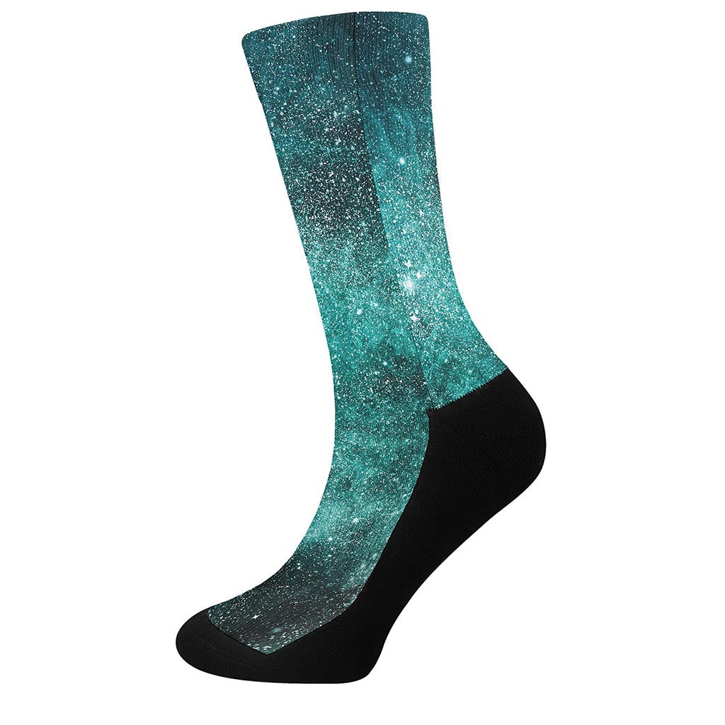 Teal Stardust Galaxy Space Print Crew Socks