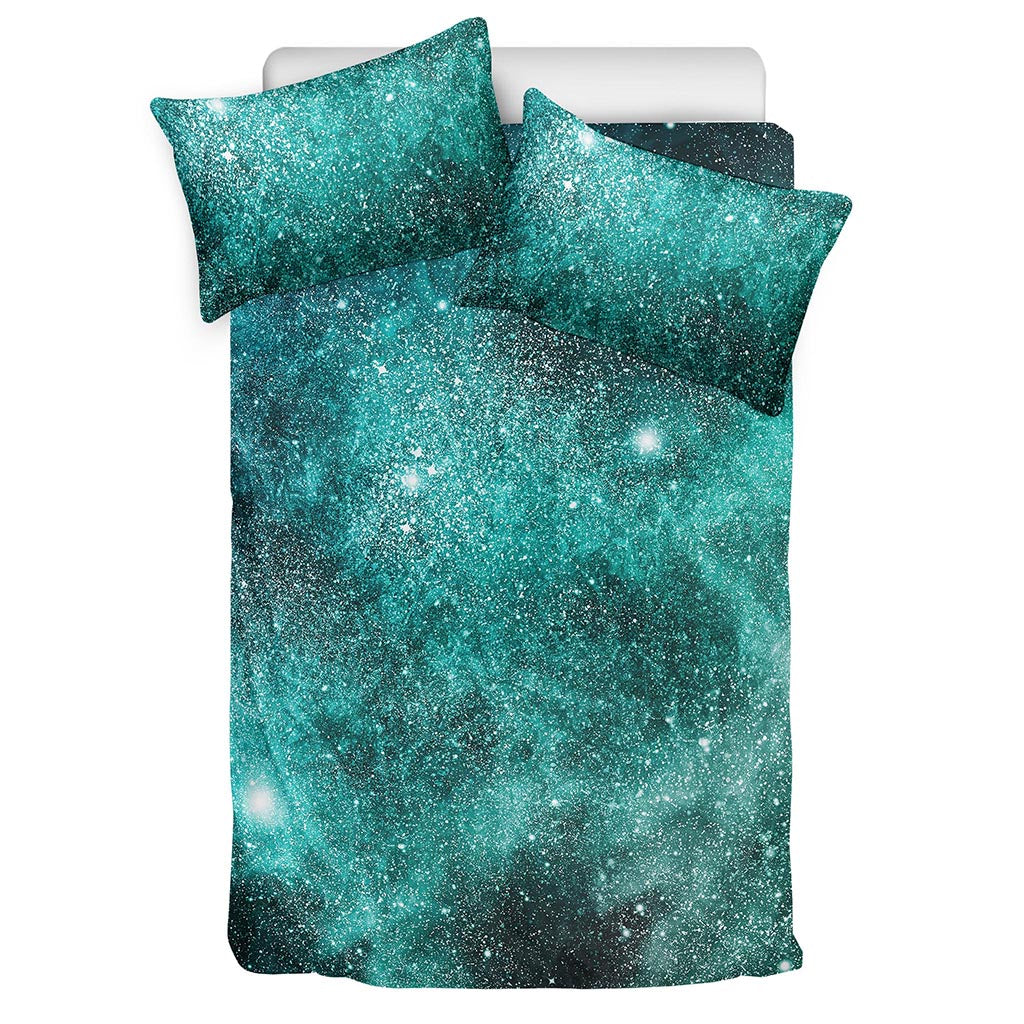 Teal Stardust Galaxy Space Print Duvet Cover Bedding Set