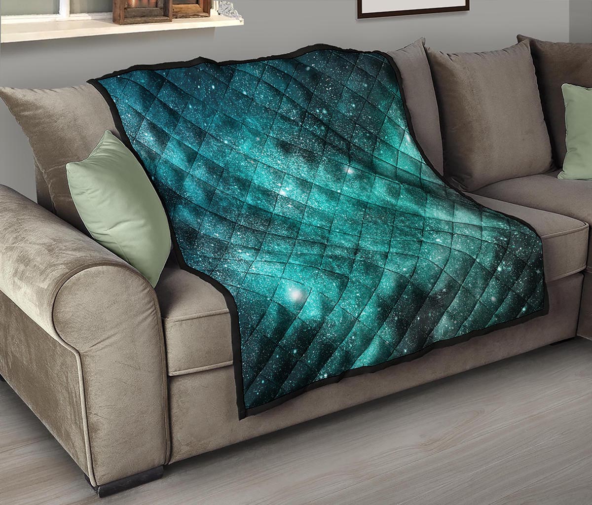 Teal Stardust Galaxy Space Print Quilt