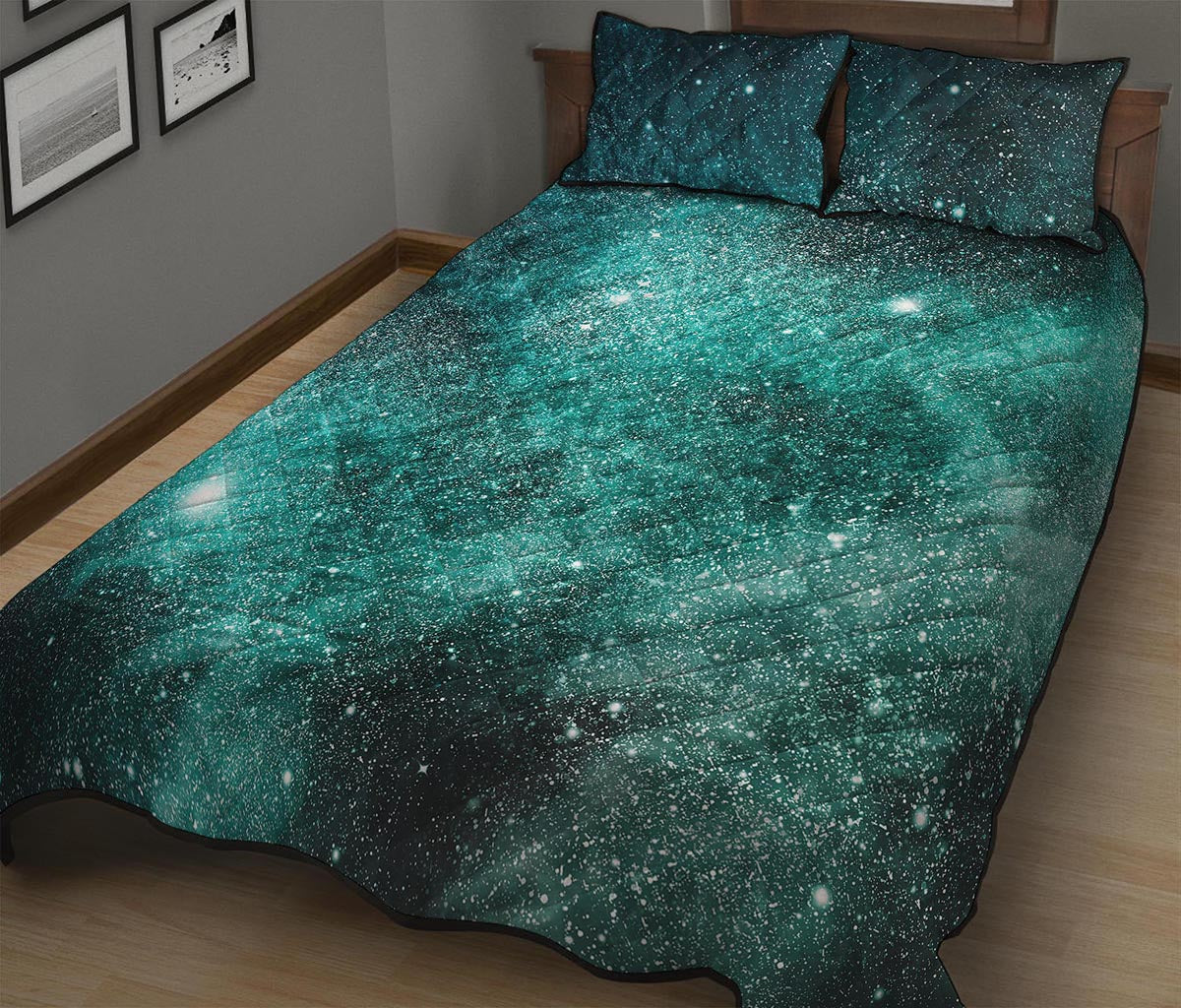 Teal Stardust Galaxy Space Print Quilt Bed Set