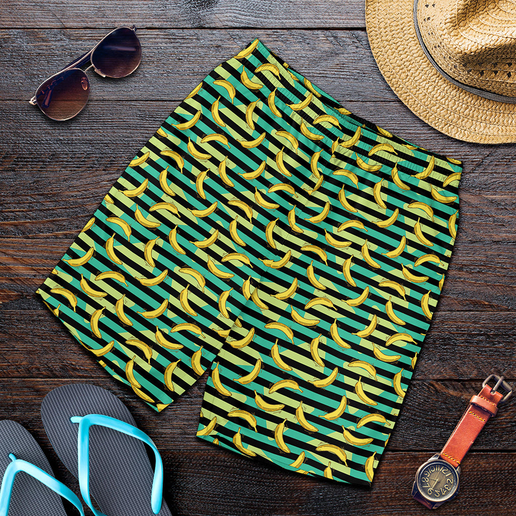 Teal Striped Banana Pattern Print Men's Shorts