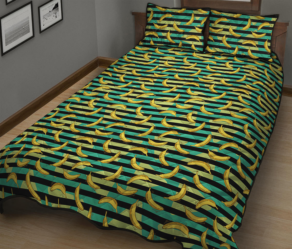 Teal Striped Banana Pattern Print Quilt Bed Set