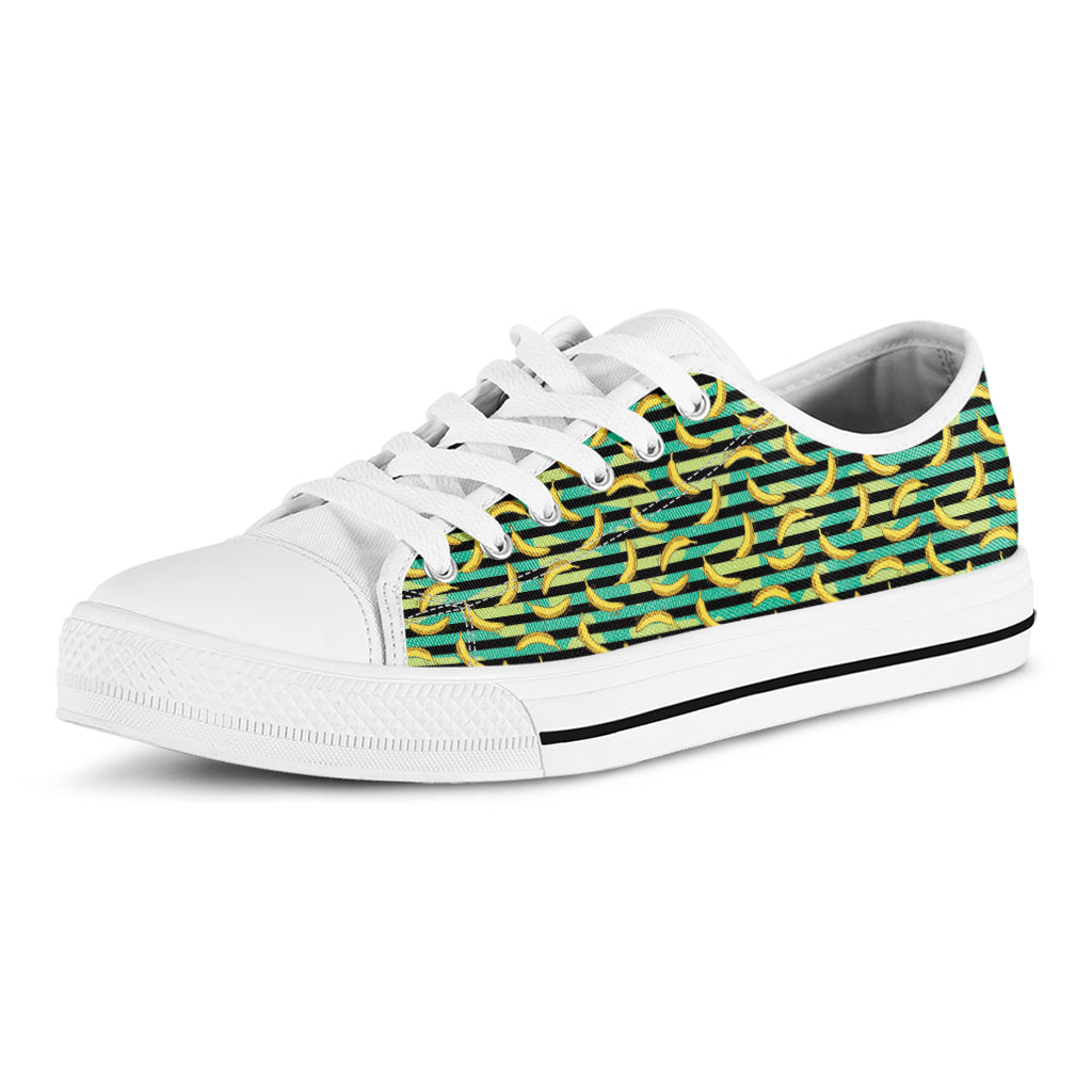 Teal Striped Banana Pattern Print White Low Top Shoes