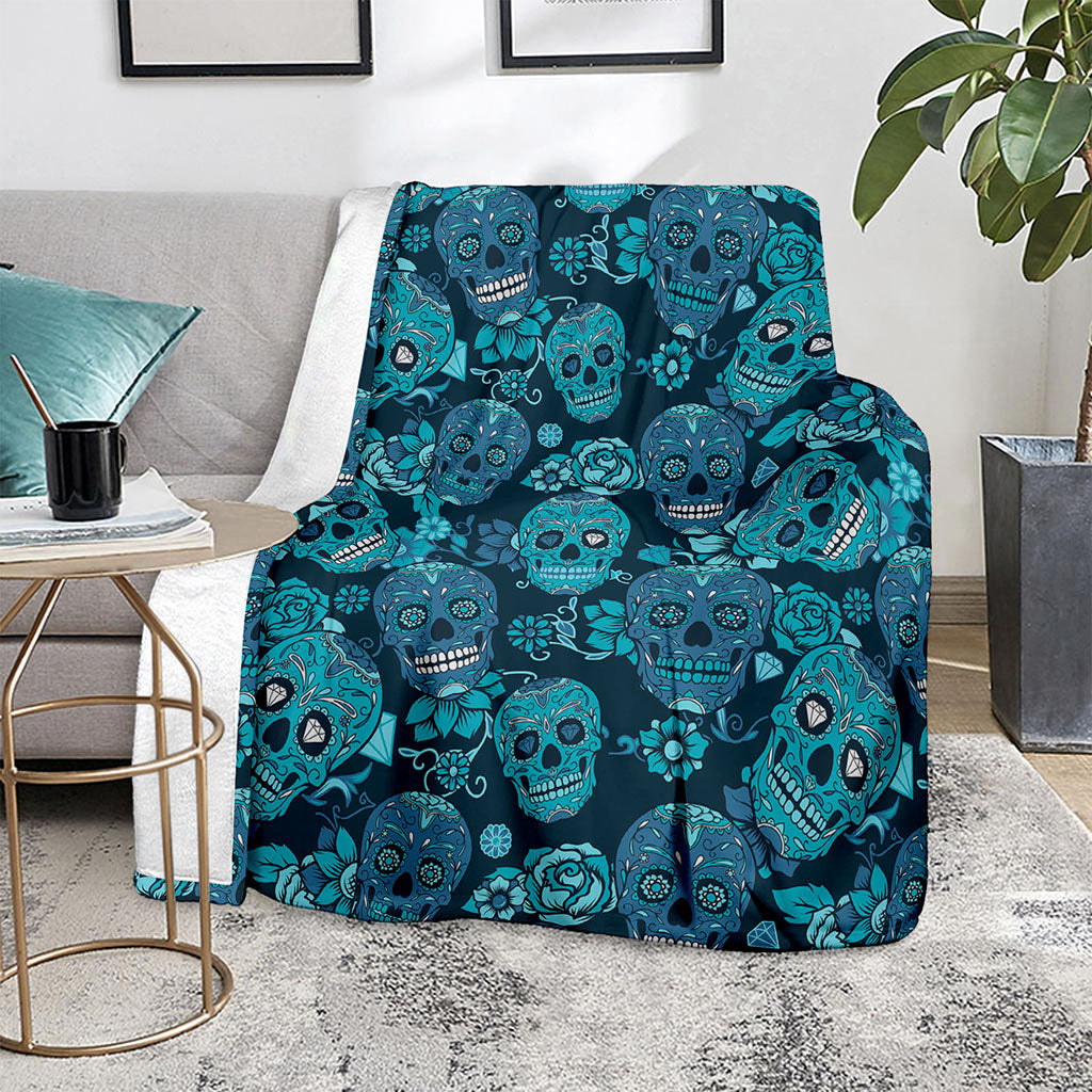Teal Sugar Skull Flower Pattern Print Blanket