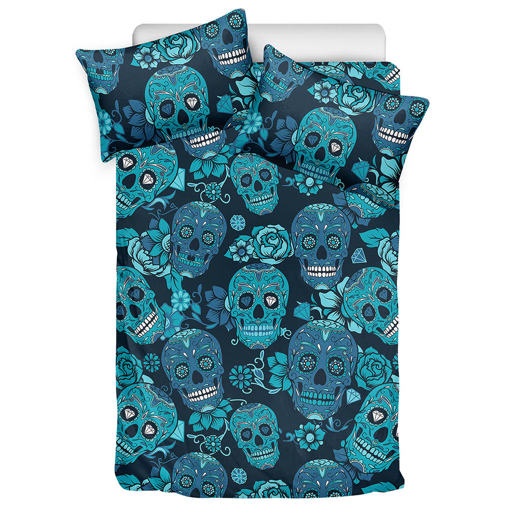 Teal Sugar Skull Flower Pattern Print Duvet Cover Bedding Set